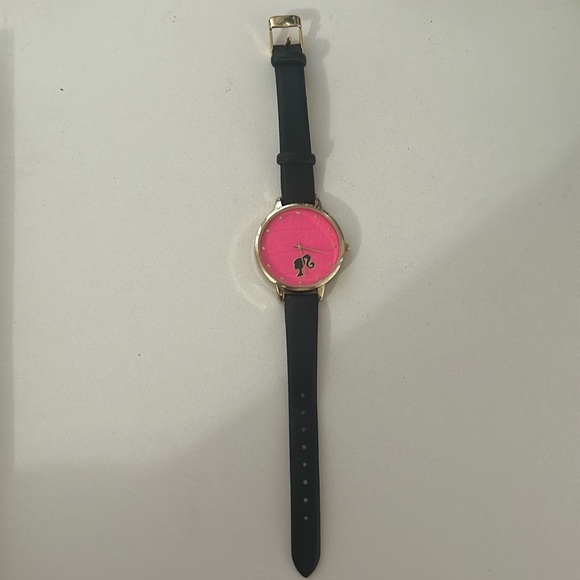 Barbie Accessories - Barbie Pink Face Watch Black Strap Gold Tone Case Fashion Watch